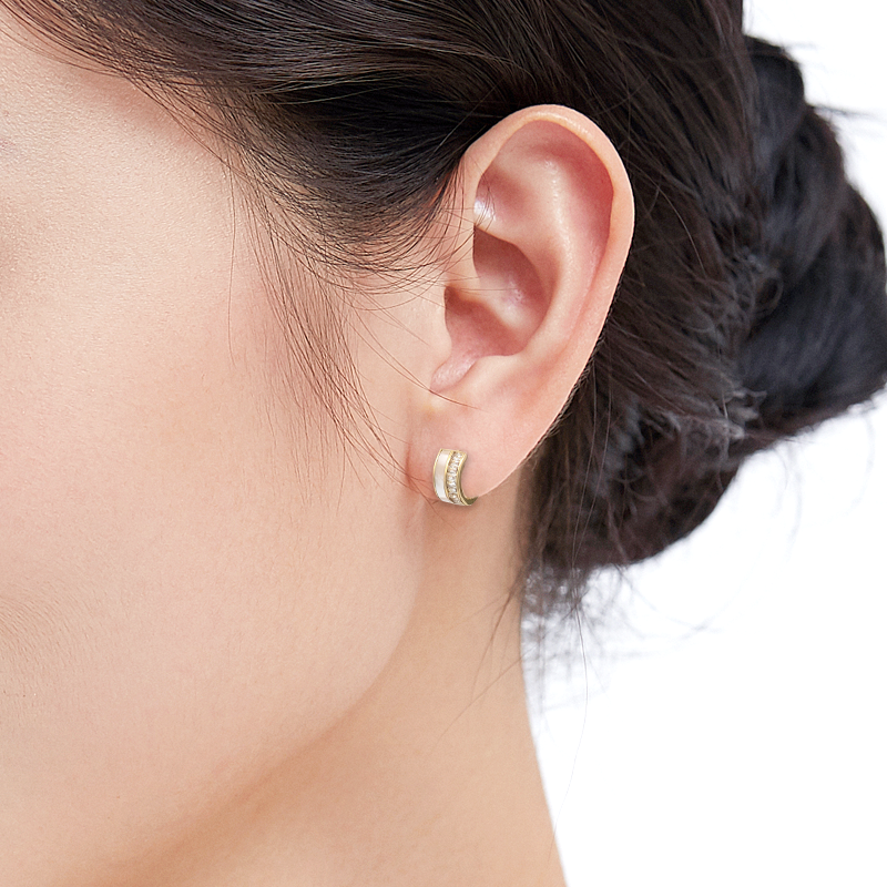 CHOMEL Mother of Pearl and Cubic Zirconia Gold Plated finish hoop earrings.