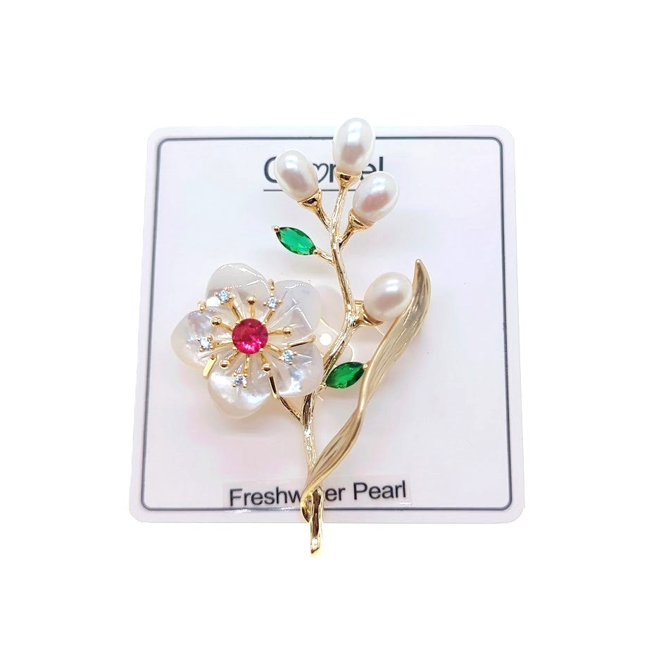 Flower Mother Of Pearl & Freshwater Pearl Brooch - CHOMEL