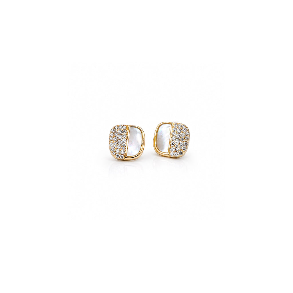Gold plated squarish mother of pearl stud earrings with cubic zirconia accents and hypoallergenic posts
