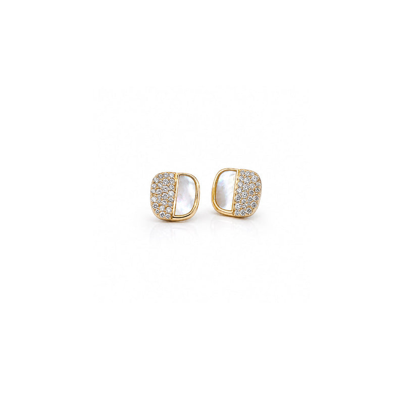 Gold plated squarish mother of pearl stud earrings with cubic zirconia accents and hypoallergenic posts