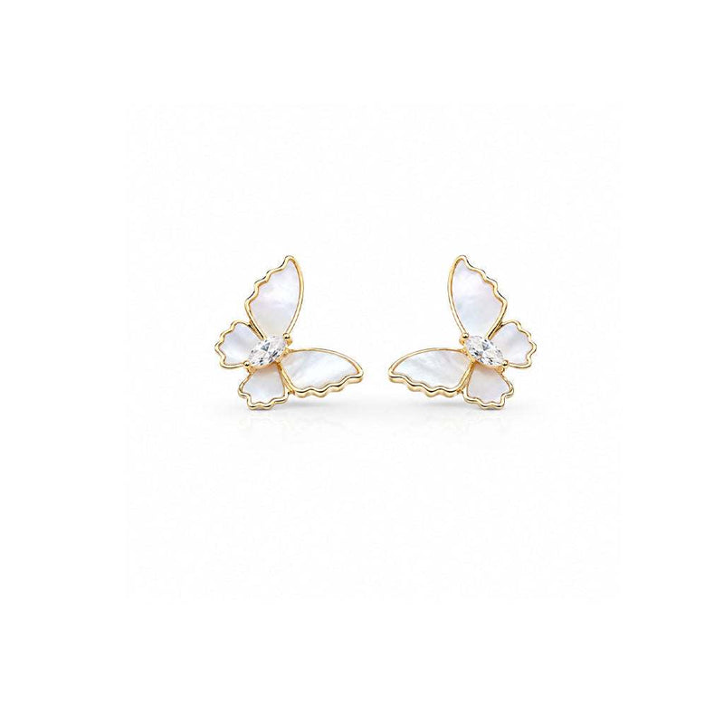 Butterfly mother of pearl earrings with gold plating and cubic zirconia studs