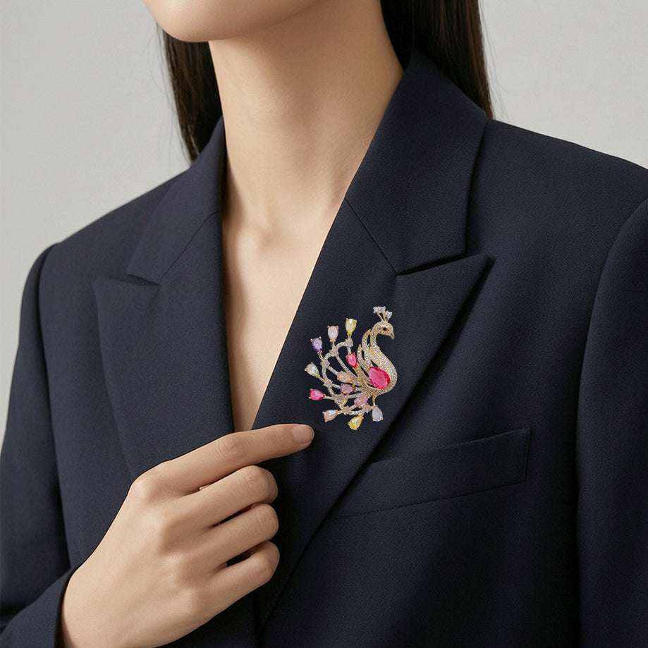 Gold plated peacock brooch with colorful cubic zirconia stones