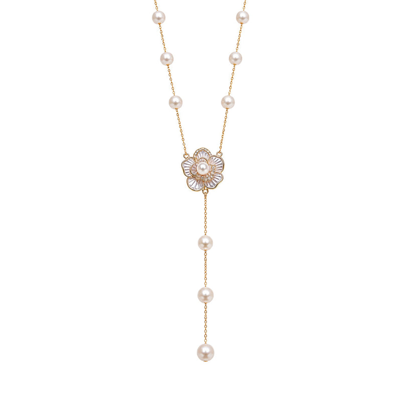 Elegant simulated pearl necklace with white enamel flower pendant on gold-plated chain