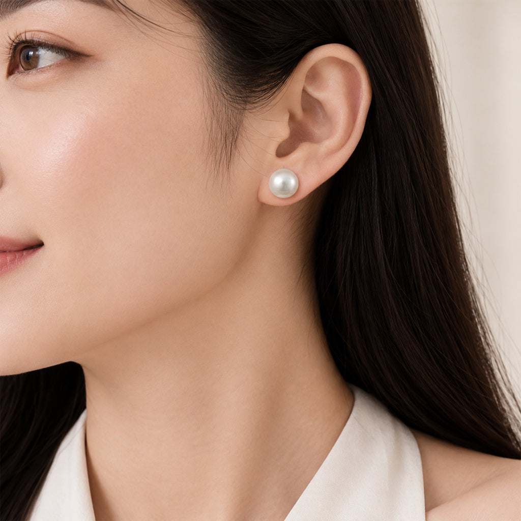 Simulated Pearl 12mm Button Earring rhodium plated stud with 1.2cm shell pearl button design