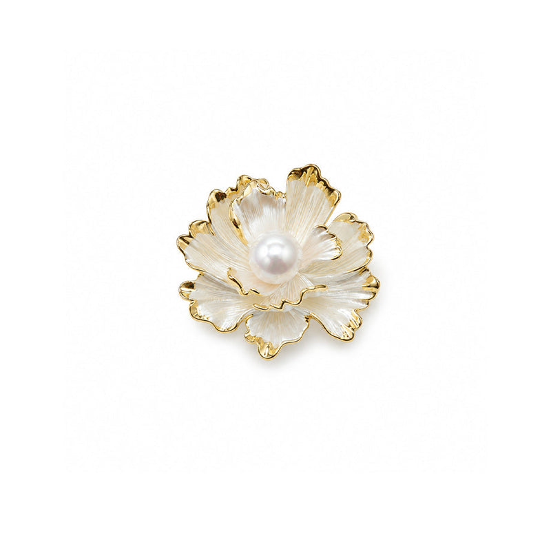 White enamel flower brooch with gold plated edges and simulated pearl center, elegant freshwater pearl design