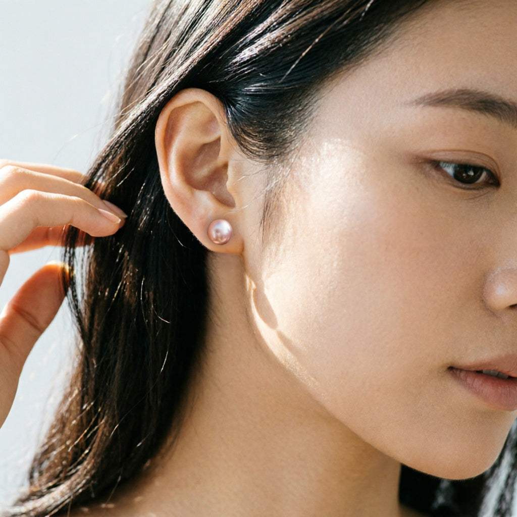 A close-up of a woman's ear wearing a single round pearl stud earring. The earring has a soft pinkish-white luster.
