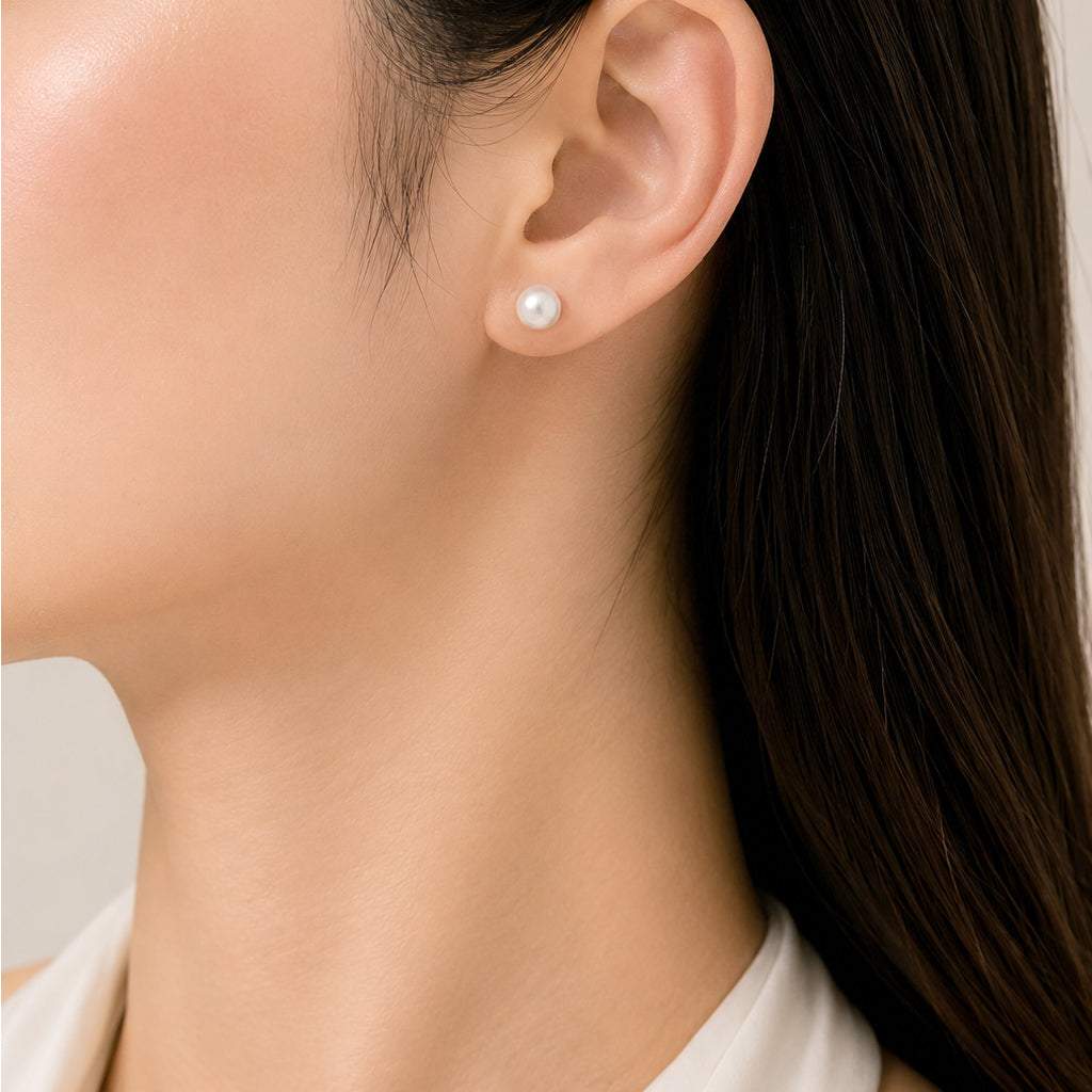 Simulated pearl 8mm round stud earrings with rhodium plated posts