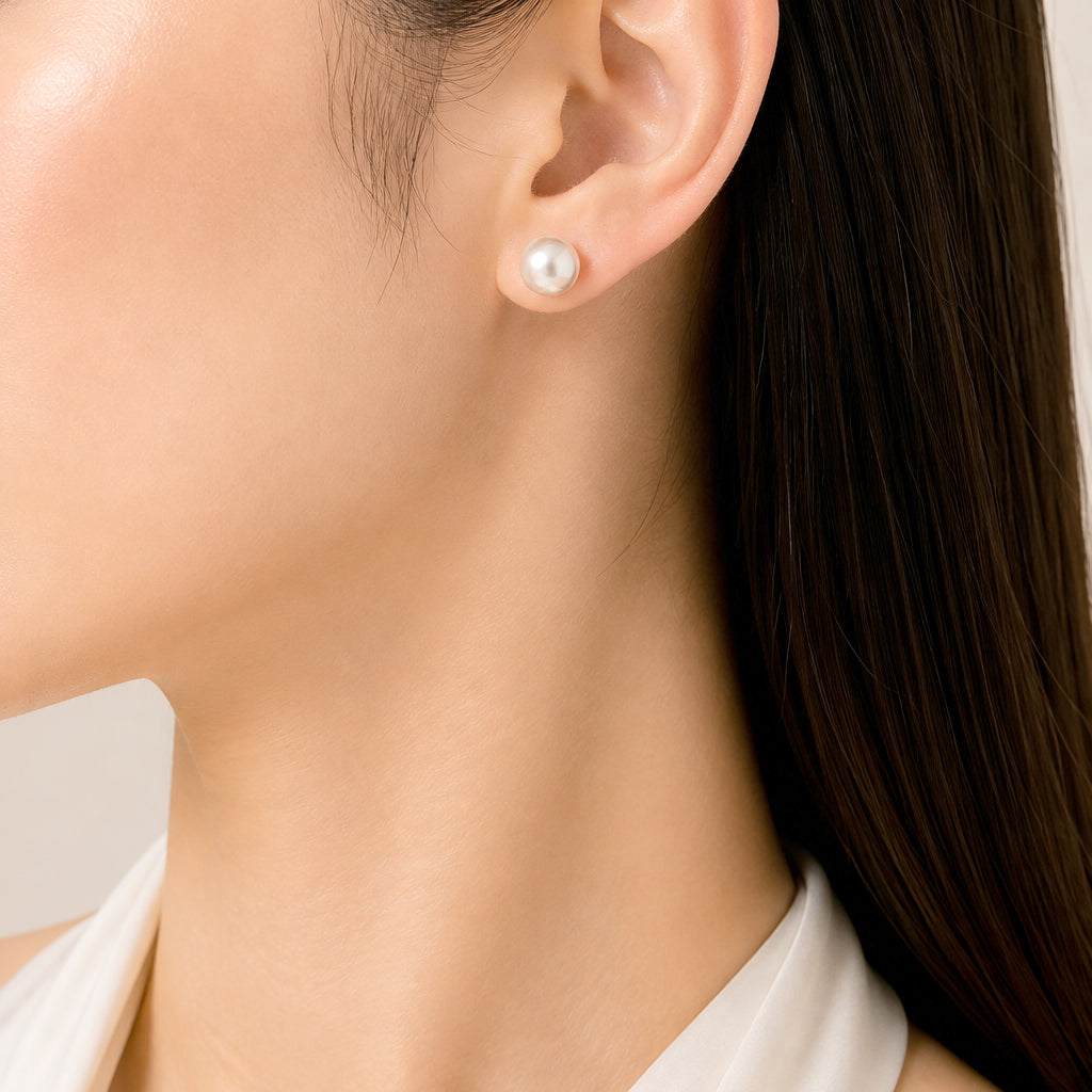 Simulated pearl 10mm round stud earring with rhodium plated post backing