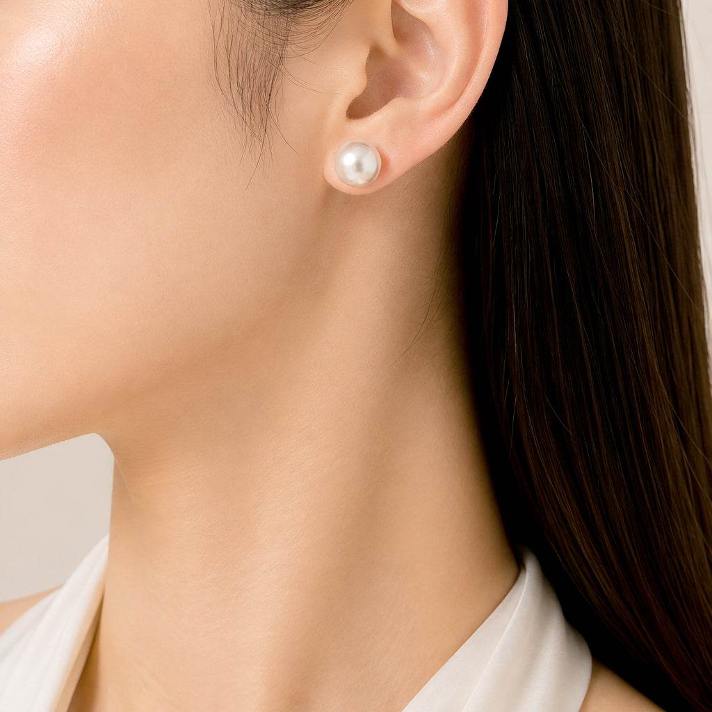 Simulated pearl 12mm round stud earring with rhodium plated post backing