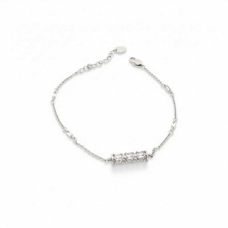Elegant rhodium plated cubic zirconia bracelet with roundels and rectangular stones, adjustable chain clasp