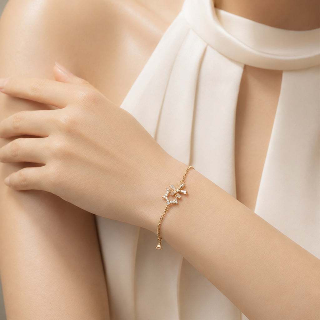 Rose gold Star & Flower Cubic Zirconia Bracelet with adjustable chain and spring clasp