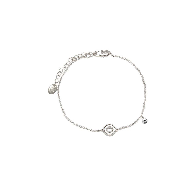 Round Mother of Pearl Bracelet with cubic zirconia drop and rhodium plated chain, adjustable length 16-19cm