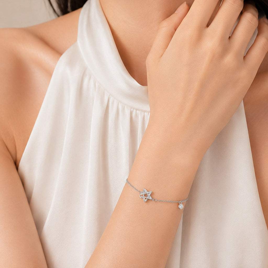 Star Cubic Zirconia Bracelet with rhodium plating and adjustable length featuring a star-shaped cubic zirconia design