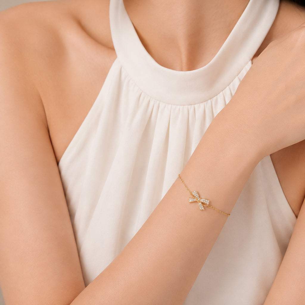 Rosegold ribbon cubic zirconia bracelet with adjustable chain and spring clasp