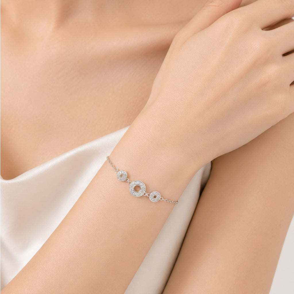 Circles Cubic Zirconia Bracelet with 3 sparkling circle charms on rhodium plated chain