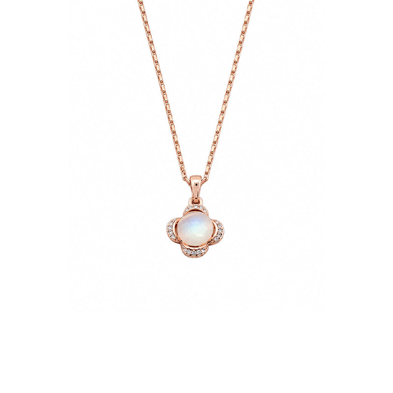 Flower simulated moonstone pendant necklace with rosegold plating and crystal accents