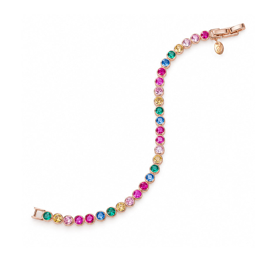 Cubic Zirconia Tennis Bracelet with colorful 4mm stones set in a rose gold plated metal with secure clasp.