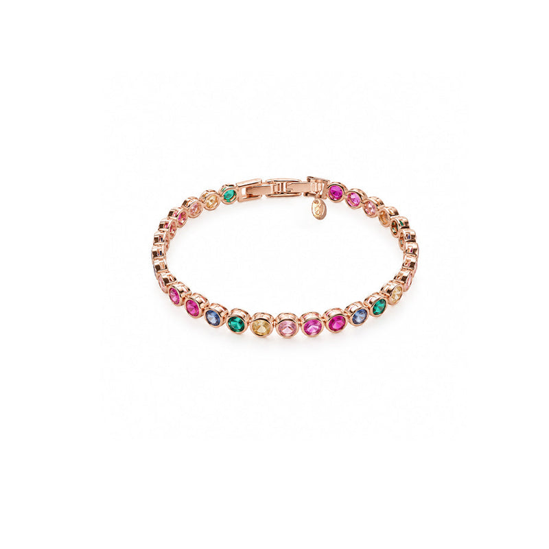 Cubic Zirconia Tennis Bracelet with colourful 4mm round stones set in a rose gold plated metal frame with clasp closure.