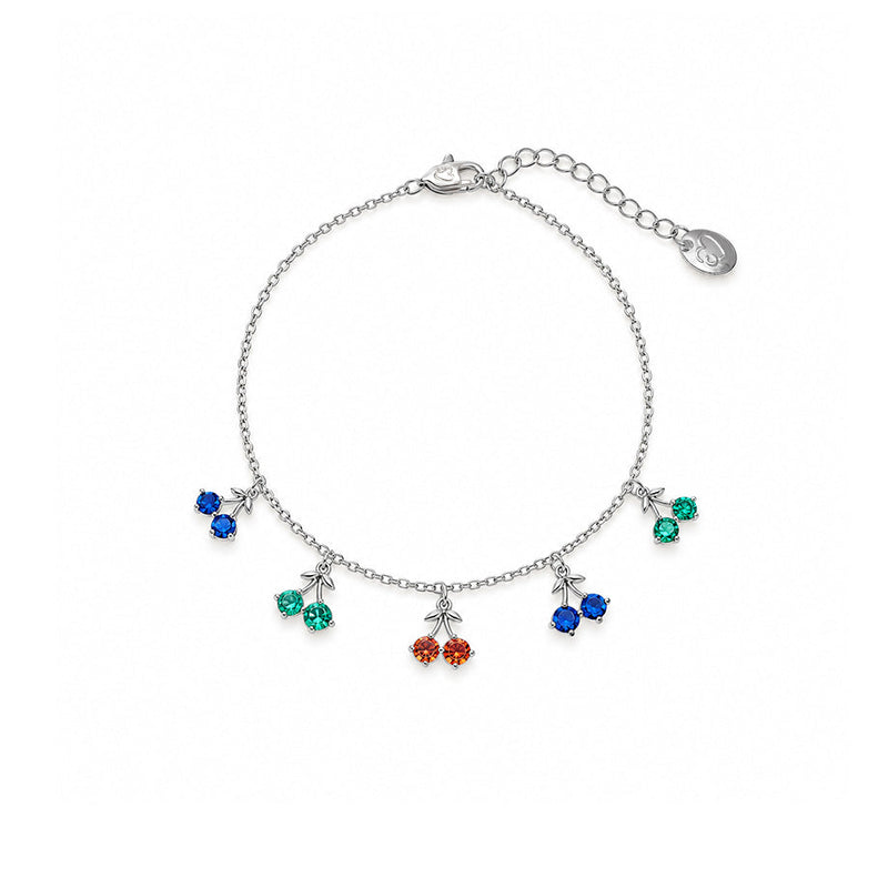 Cubic zirconia tennis bracelet with dangling colorful cherry charms and rhodium plated finish
