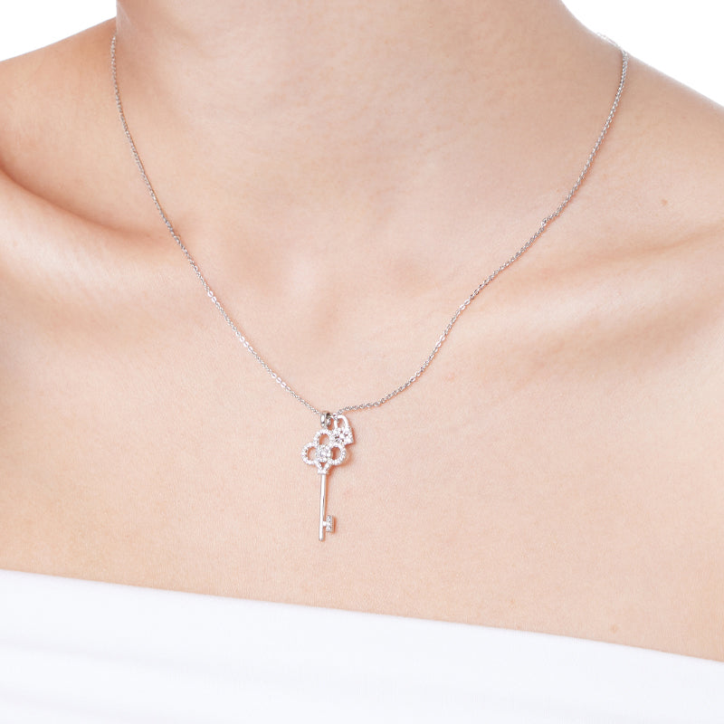 Lock & Key Cubic Zirconia Necklace with rhodium plated pendant on adjustable chain