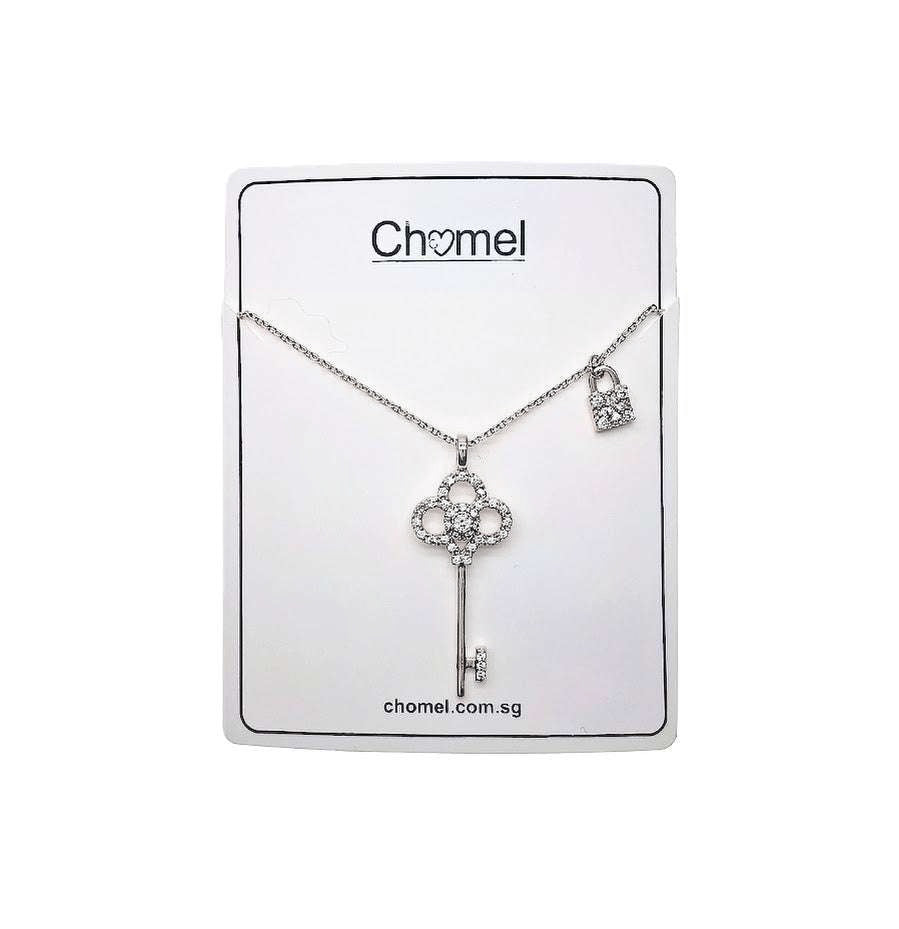 Lock & Key Cubic Zirconia Necklace with rhodium plated pendant and adjustable chain