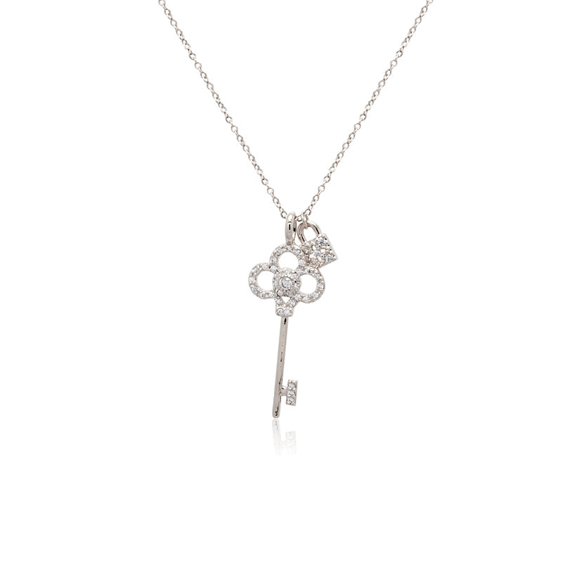 Lock & Key Cubic Zirconia Necklace with rhodium plated finish and adjustable chain