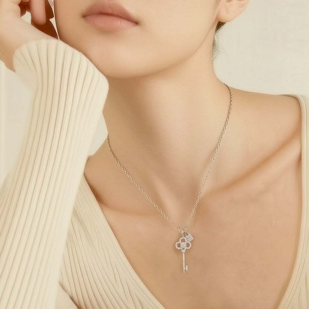 Lock & Key Cubic Zirconia Necklace with rhodium plated pendant and adjustable chain
