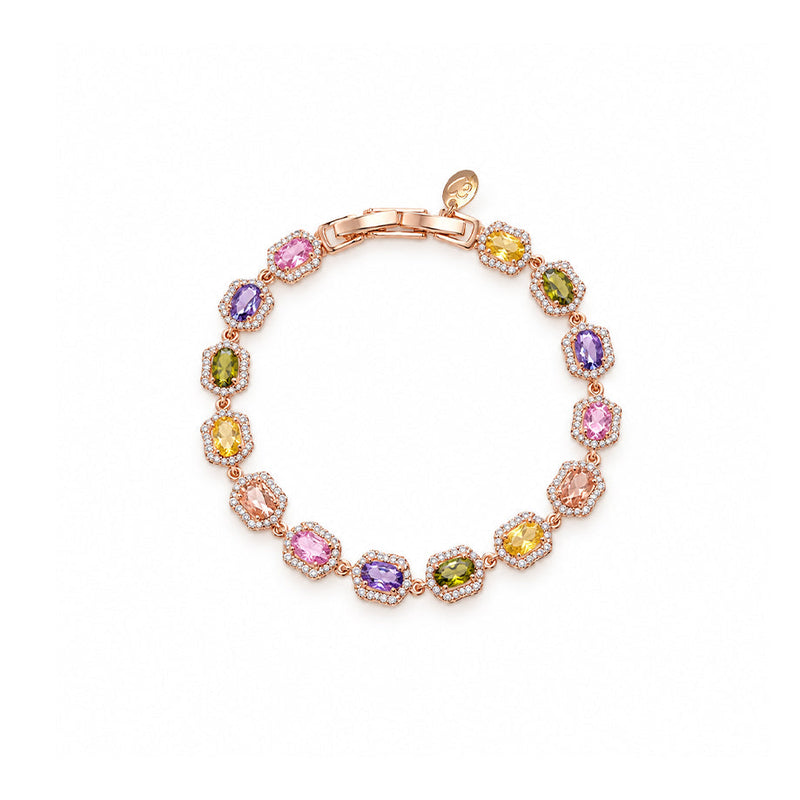 Cubic Zirconia Tennis Bracelet with colourful pastel stones set in hexagonal rosegold plated frames for elegant sparkle.