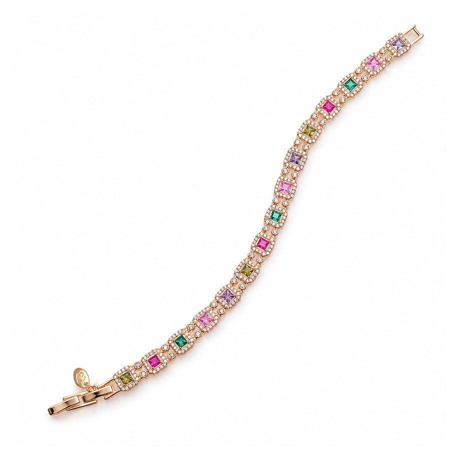 Rosegold plated cubic zirconia tennis bracelet with colourful stones in square settings