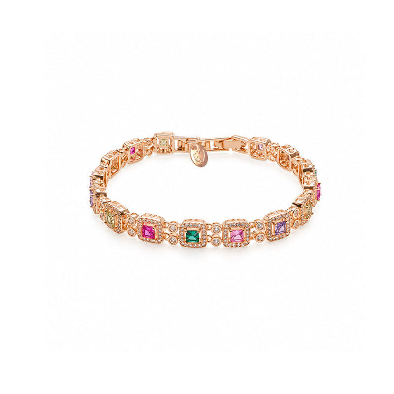 Cubic zirconia tennis bracelet with colourful stones in square settings and rosegold plated finish
