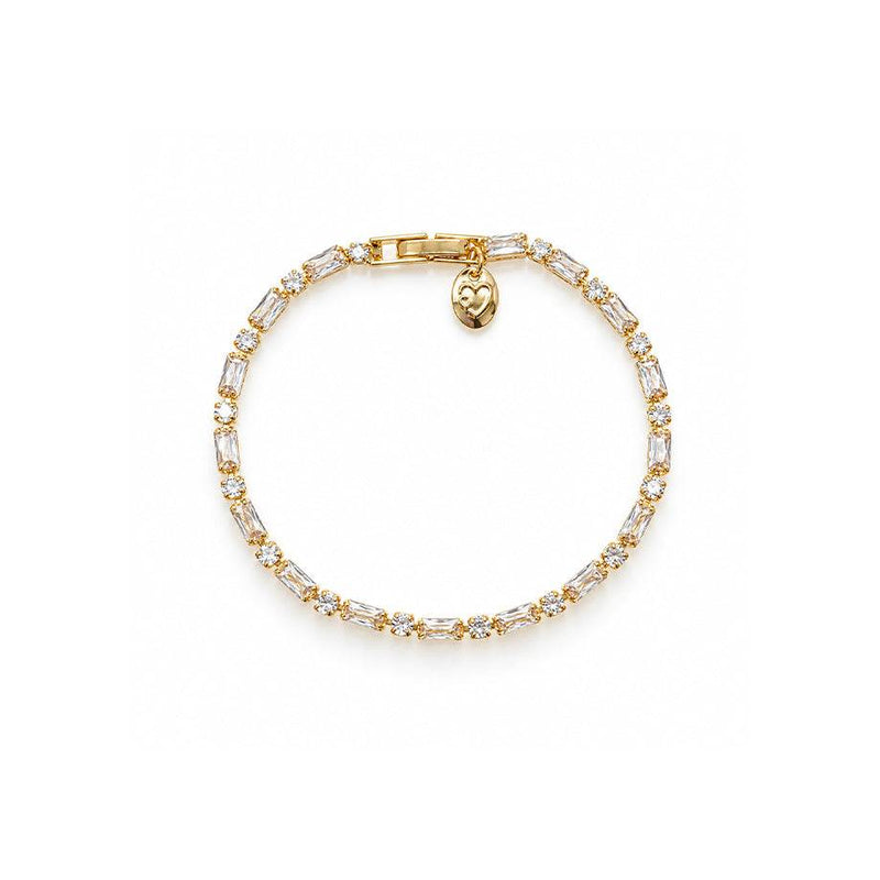 A gold tennis bracelet with clear baguette and round cubic zirconia.