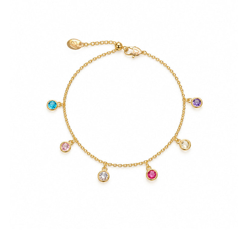 Colorful cubic zirconia tennis bracelet with gold-plated rims on adjustable chain