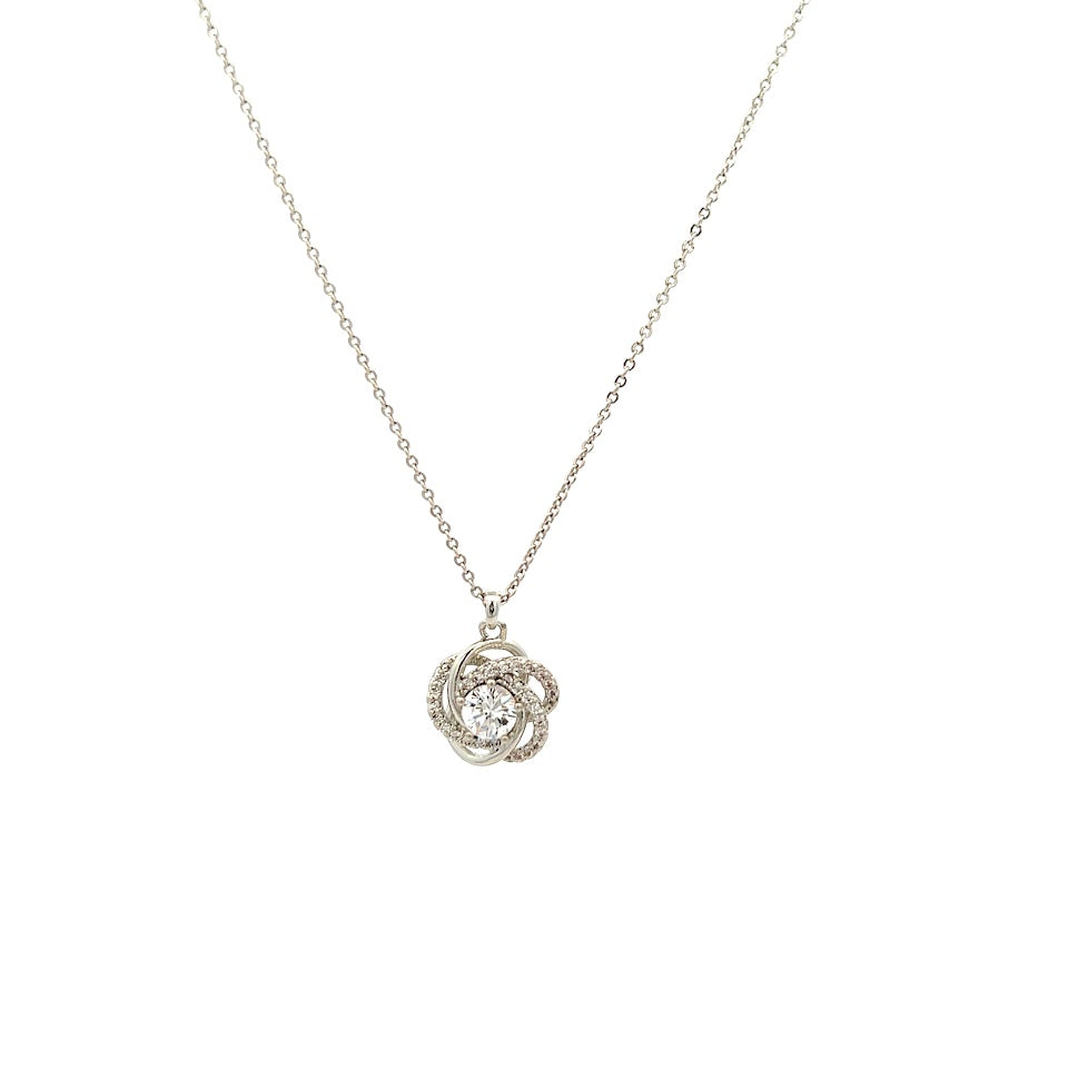 Flower Cubic Zirconia Pendant on Rhodium Necklace