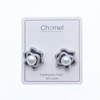 CHOMEL Freshwater Pearl Flower Rhodium Stud Earrings