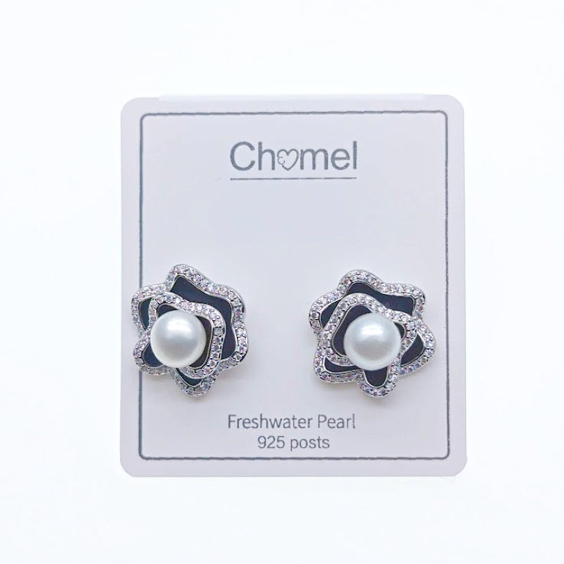 CHOMEL Freshwater Pearl Flower Rhodium Stud Earrings