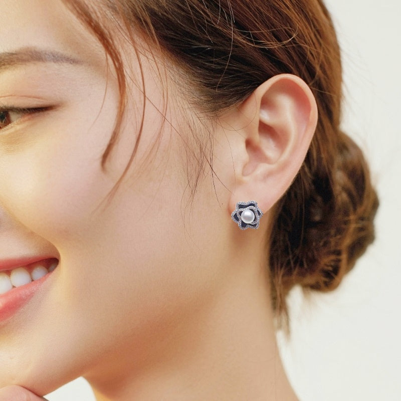 CHOMEL Freshwater Pearl Flower Rhodium Stud Earrings