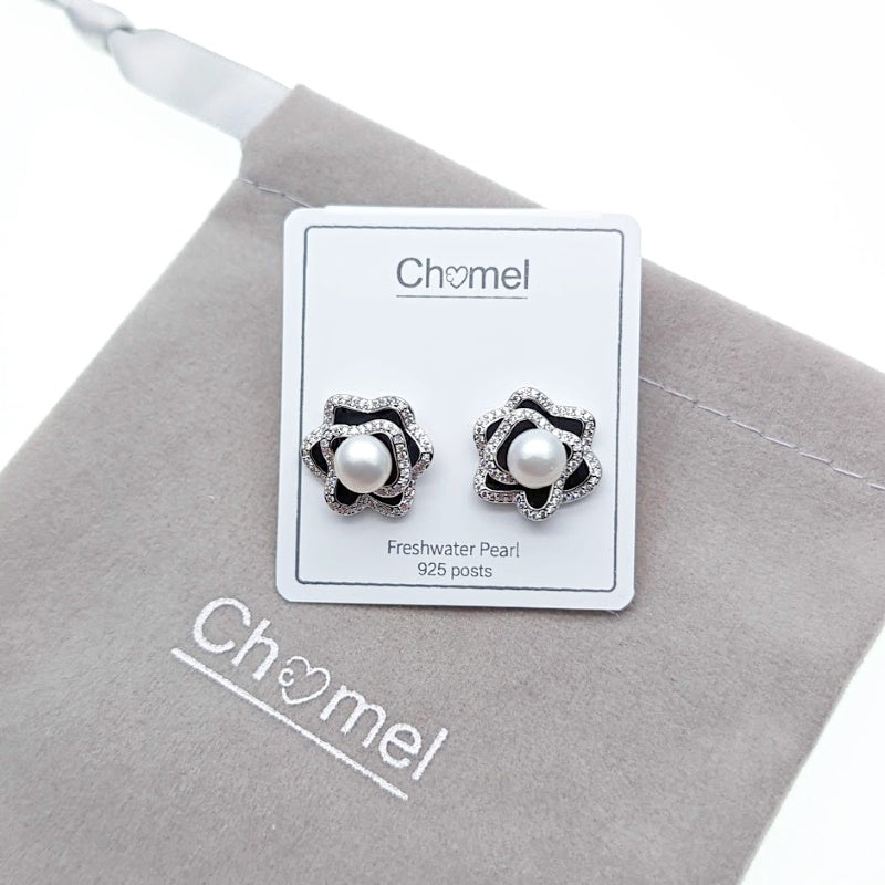 CHOMEL Freshwater Pearl Flower Rhodium Stud Earrings