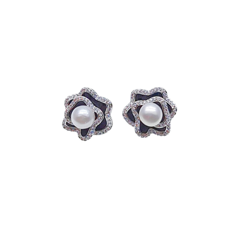 CHOMEL Freshwater Pearl Flower Rhodium Stud Earrings