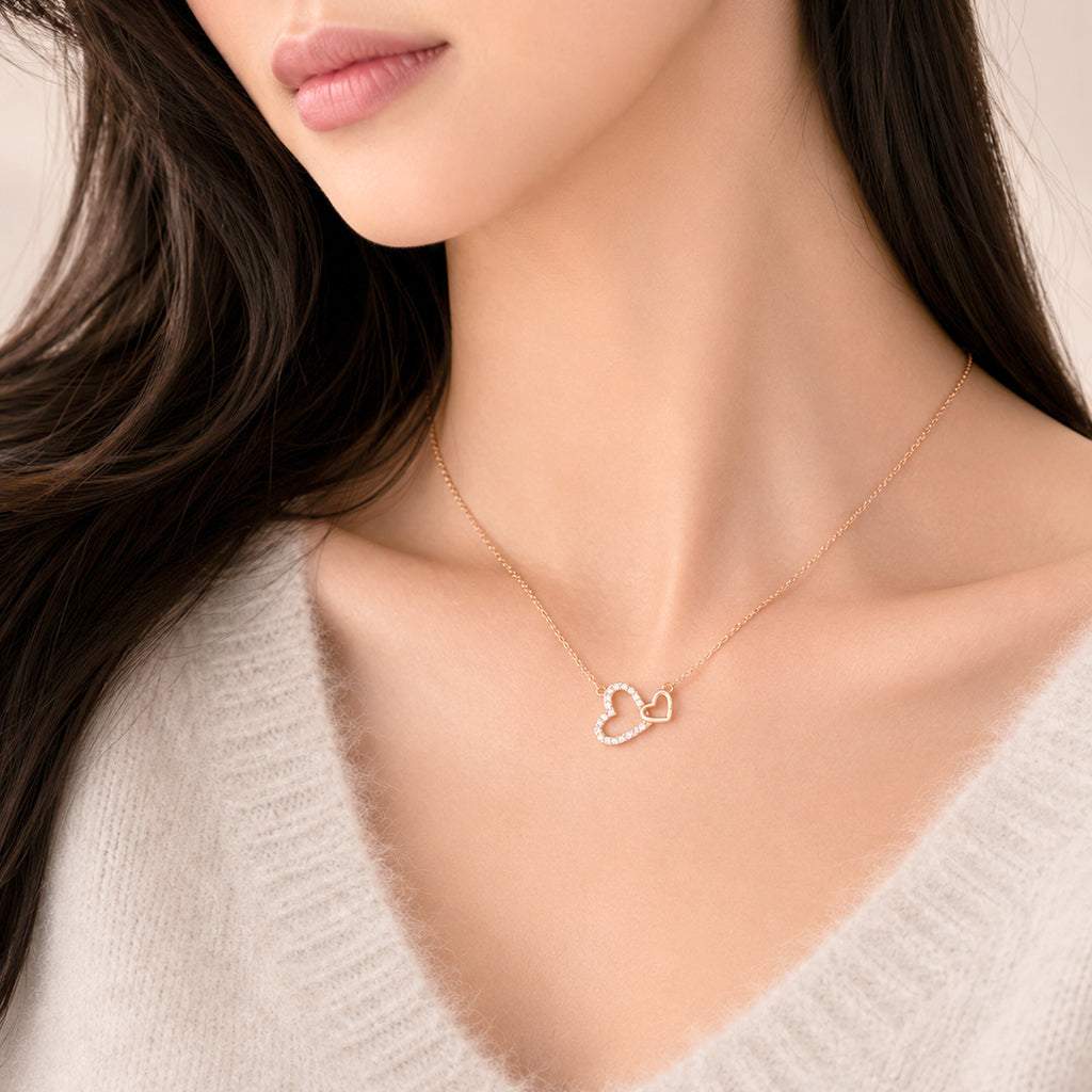 Rose gold heart cubic zirconia necklace with interlocking pendant on chain