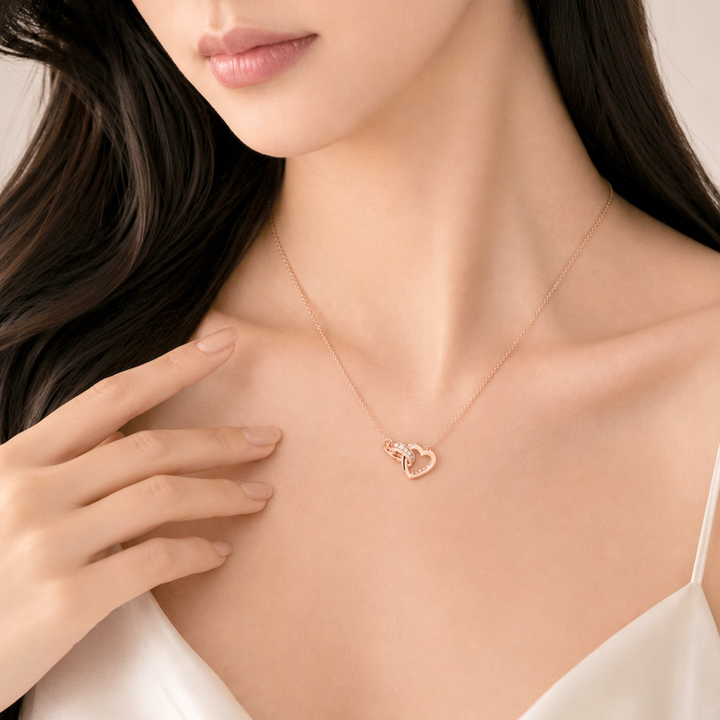 Rose gold heart interlocking cubic zirconia necklace on chain