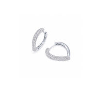 Heart shaped cubic zirconia hoop earrings with rhodium plating and hinged clasp closure