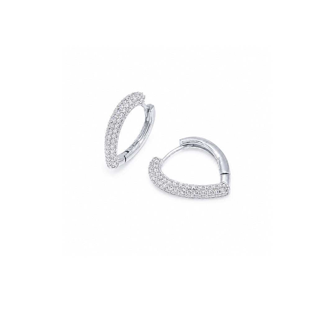 Heart shaped cubic zirconia hoop earrings with rhodium plating and hinged clasp closure