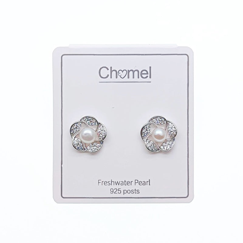 CHOMEL Freshwater Pearl Flower Rhodium Earrings