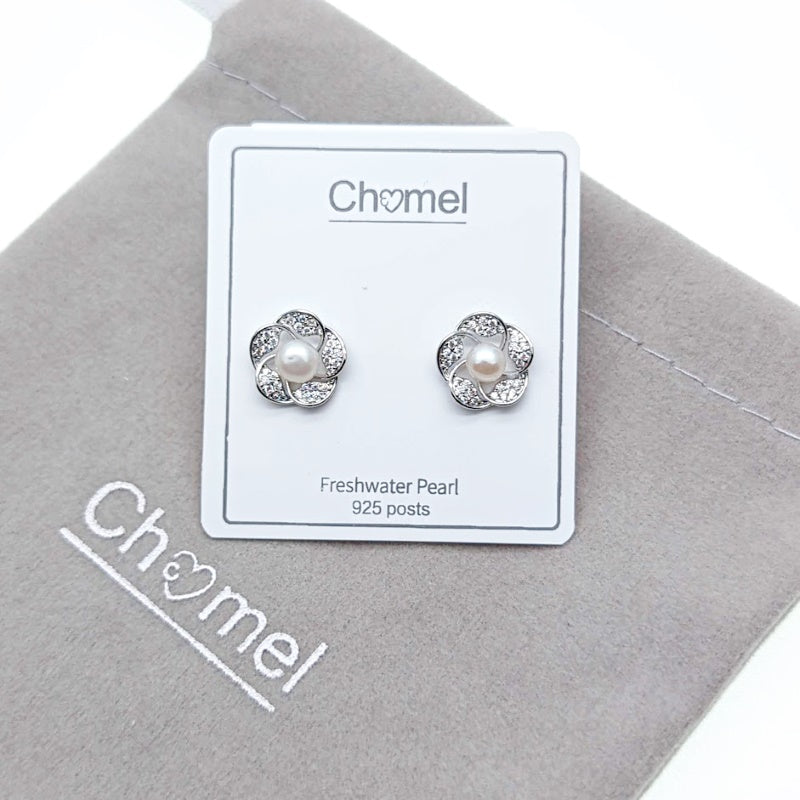 CHOMEL Freshwater Pearl Flower Rhodium Earrings