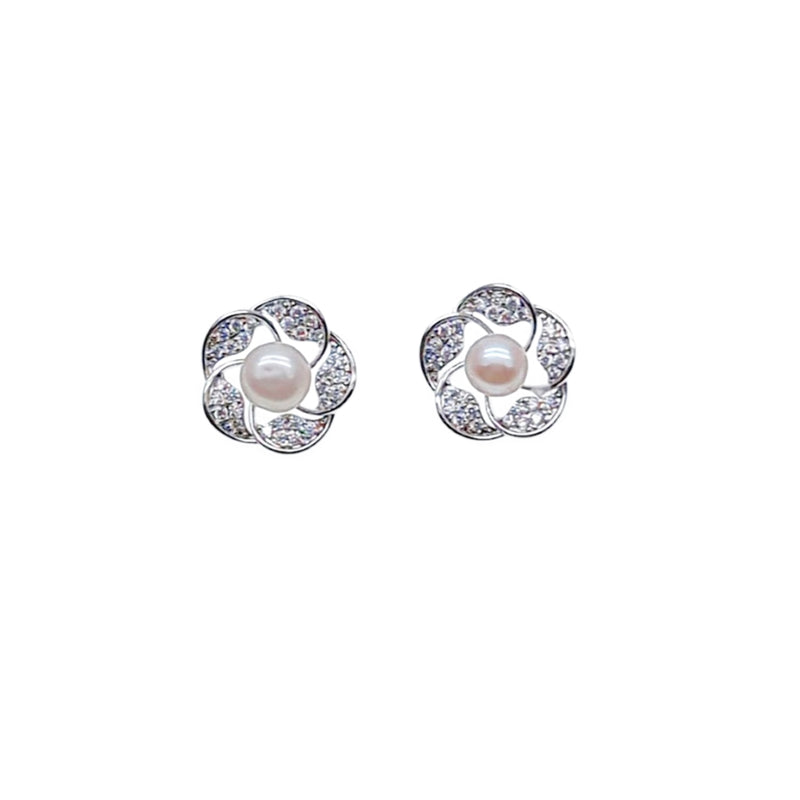 CHOMEL Freshwater Pearl Flower Rhodium Earrings