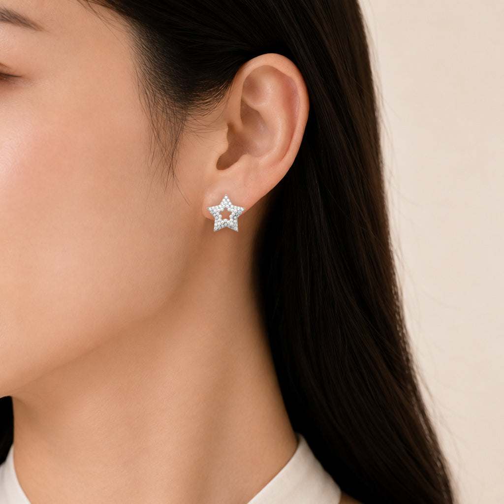 Star pearl earrings with cubic zirconia and rhodium plating, 16x16mm stud design