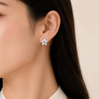 Star pearl earrings with cubic zirconia and rhodium plating, 16x16mm stud design