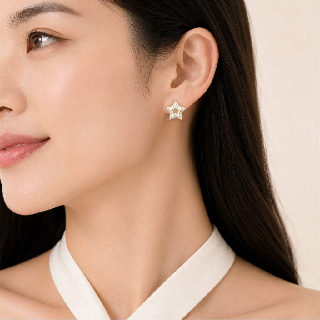 Rosegold plated star pearl earrings with cubic zirconia studs, 16x16mm, style SPE 2269-26