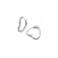 Heart shaped cubic zirconia hoop earrings with rhodium plated finish and hinged clasp closure