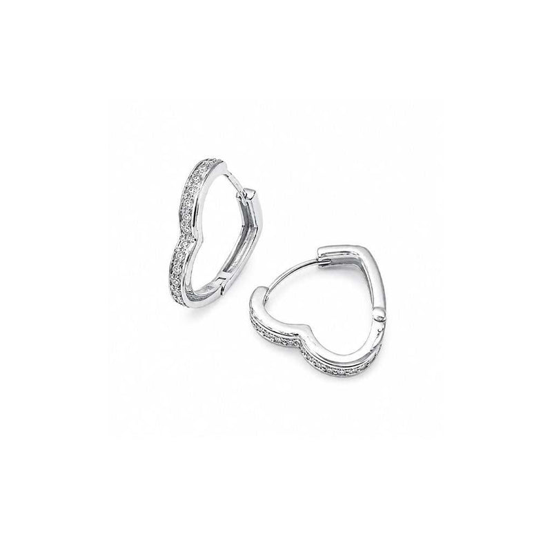 Heart shaped cubic zirconia hoop earrings with rhodium plated finish and hinged clasp closure